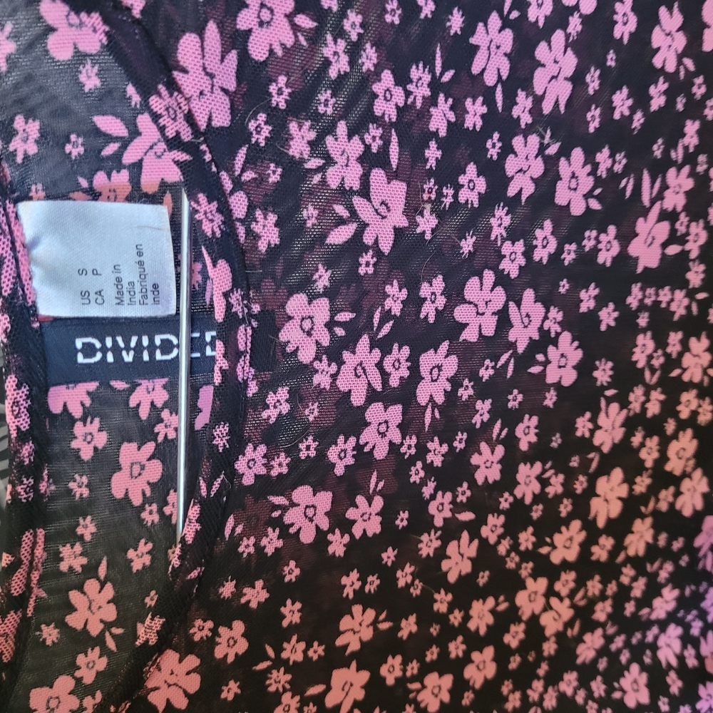 Divided Black Mesh Top with Pink Floral Design